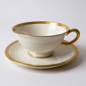 Lenox Tuxedo Footed Cup and Saucer Set Gold‎ Trim Bone China Made In USA